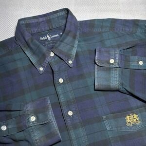 Vintage Ralph Lauren Plaid Lions Crest Button Down Pocket Shirt Size XL USA Made